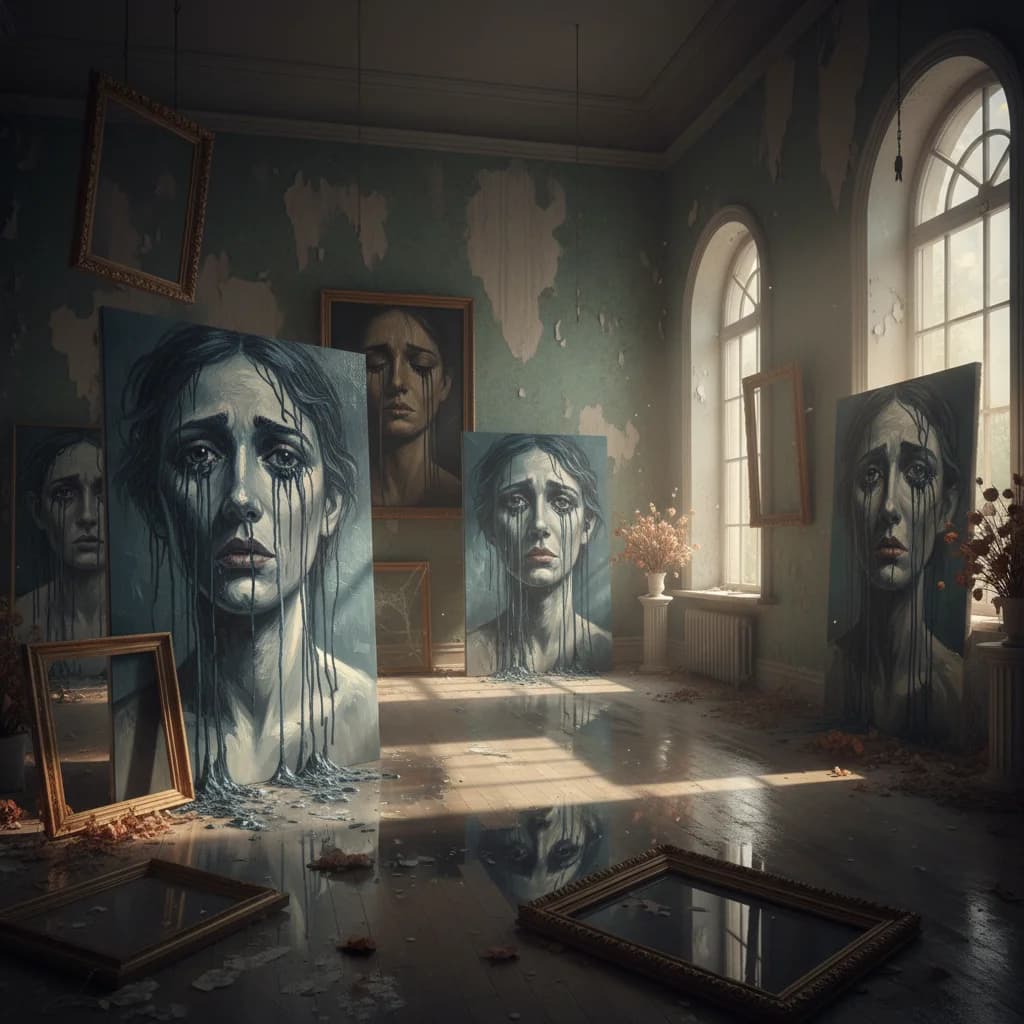Weinende Kunstwerke in verlassener Galerie