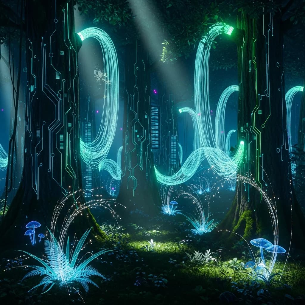 Kybernetischer Wald mit Glasfaser-Lianen