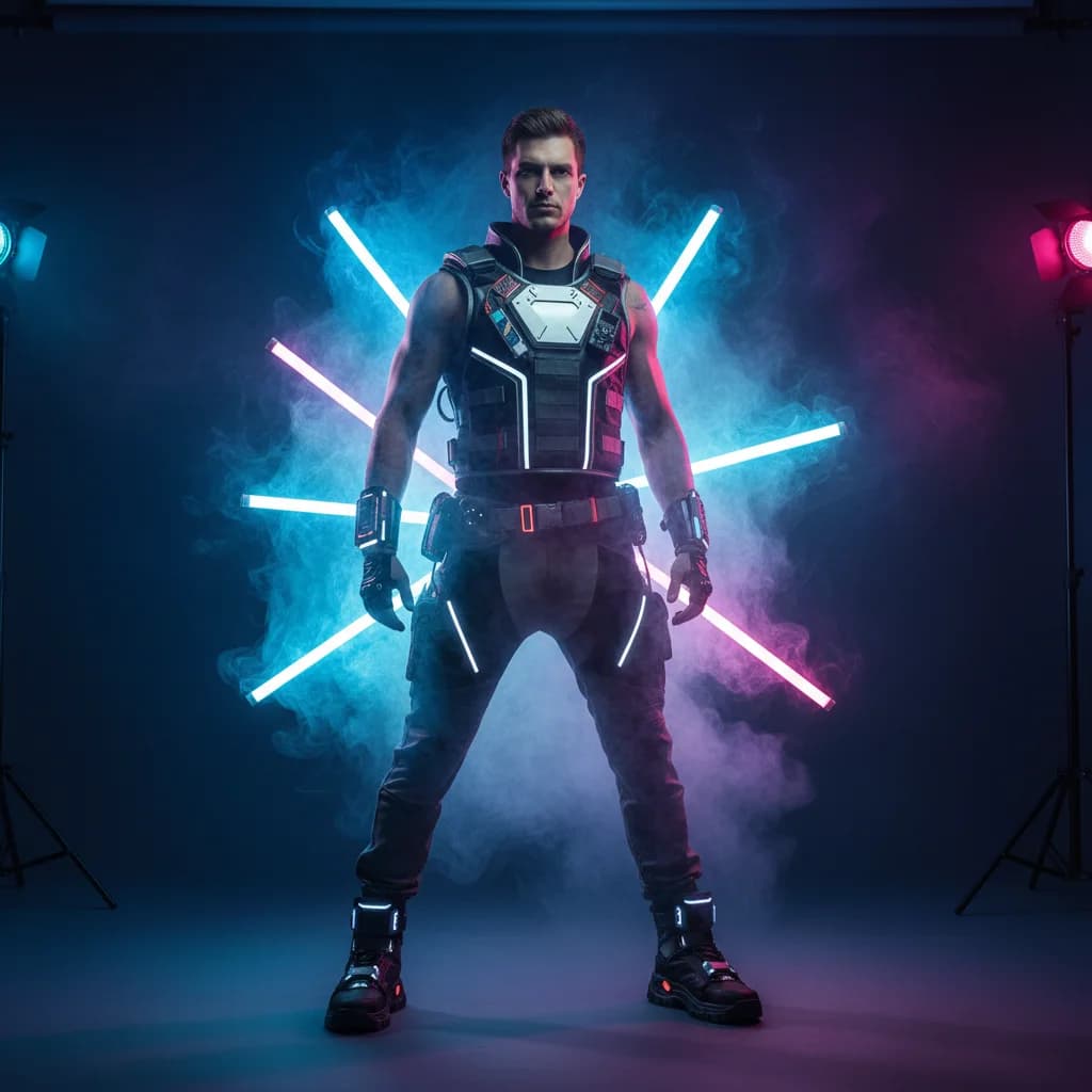 Cyberpunk Tech-Wear Model im Neon-Studio