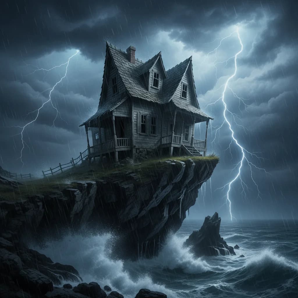 Sturmumtostes Klippenhaus bei Gewitter