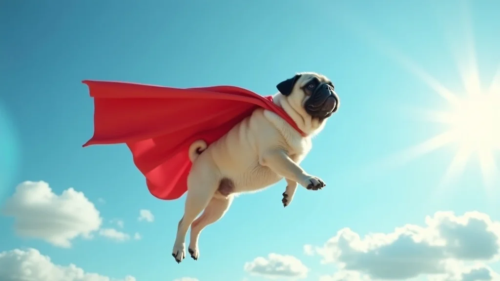 Fliegender Superhelden-Mops mit rotem Cape