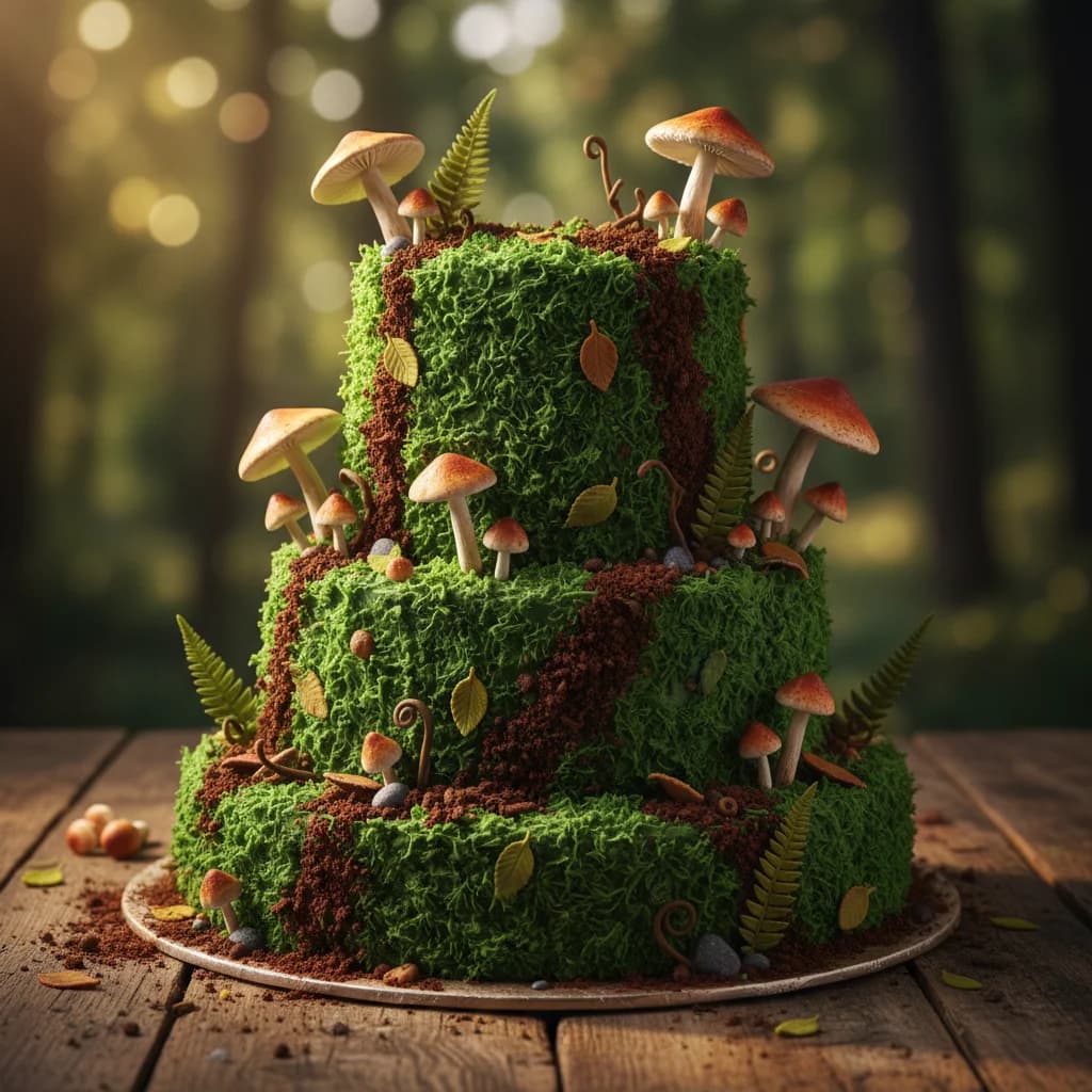 Waldmoos-Torte mit Zucker-Pilzen