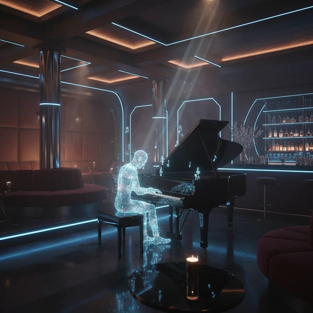 Hologramm-Pianist in futuristischer Bar