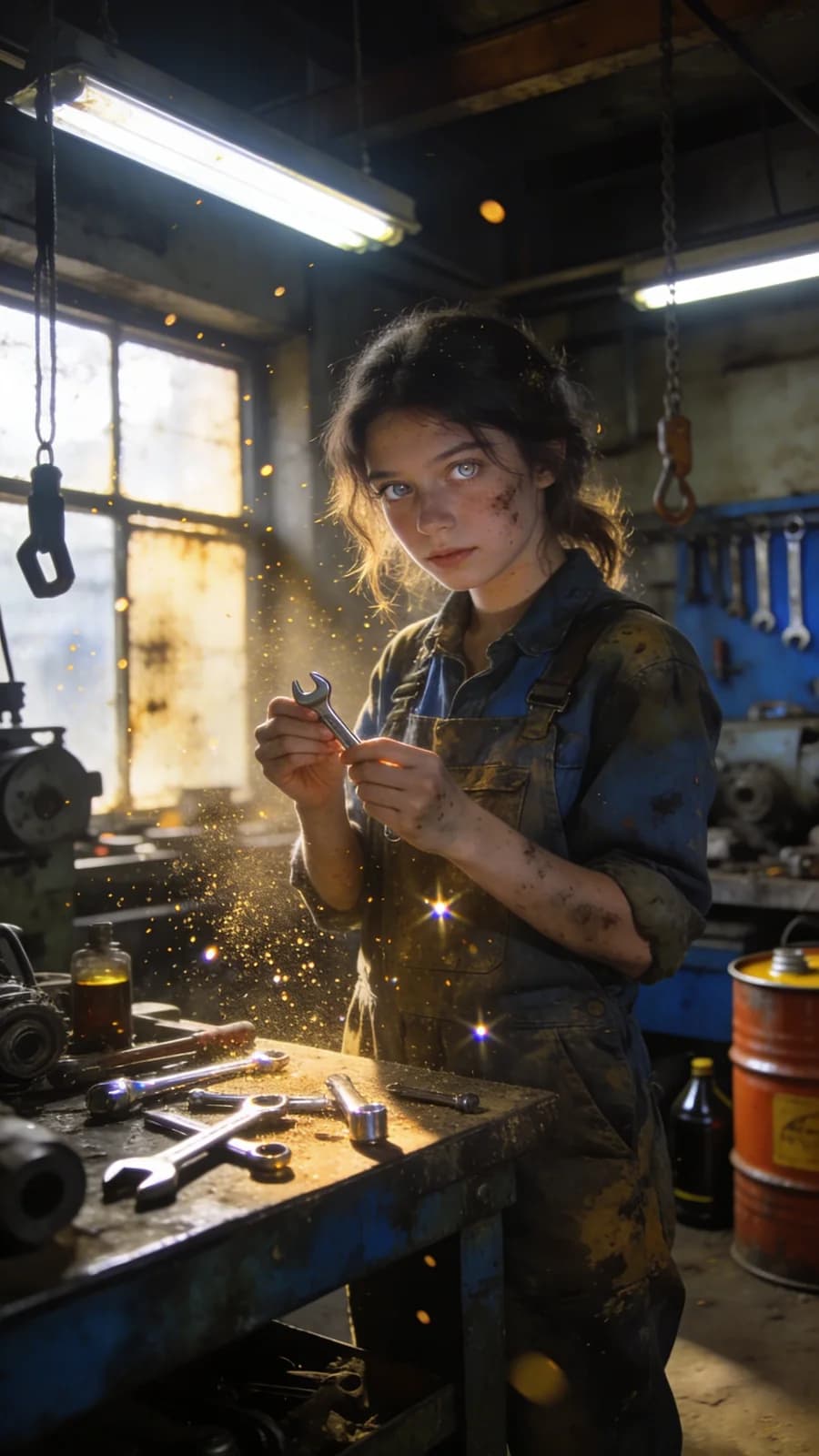 Junge Mechanikerin im Werkstattlicht