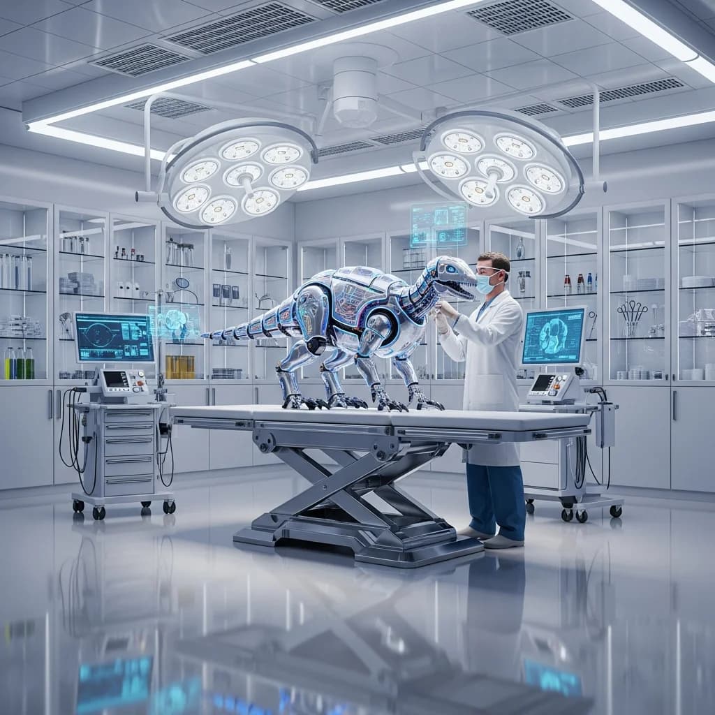 Roboter-Dinosaurier in der Zukunftsklinik