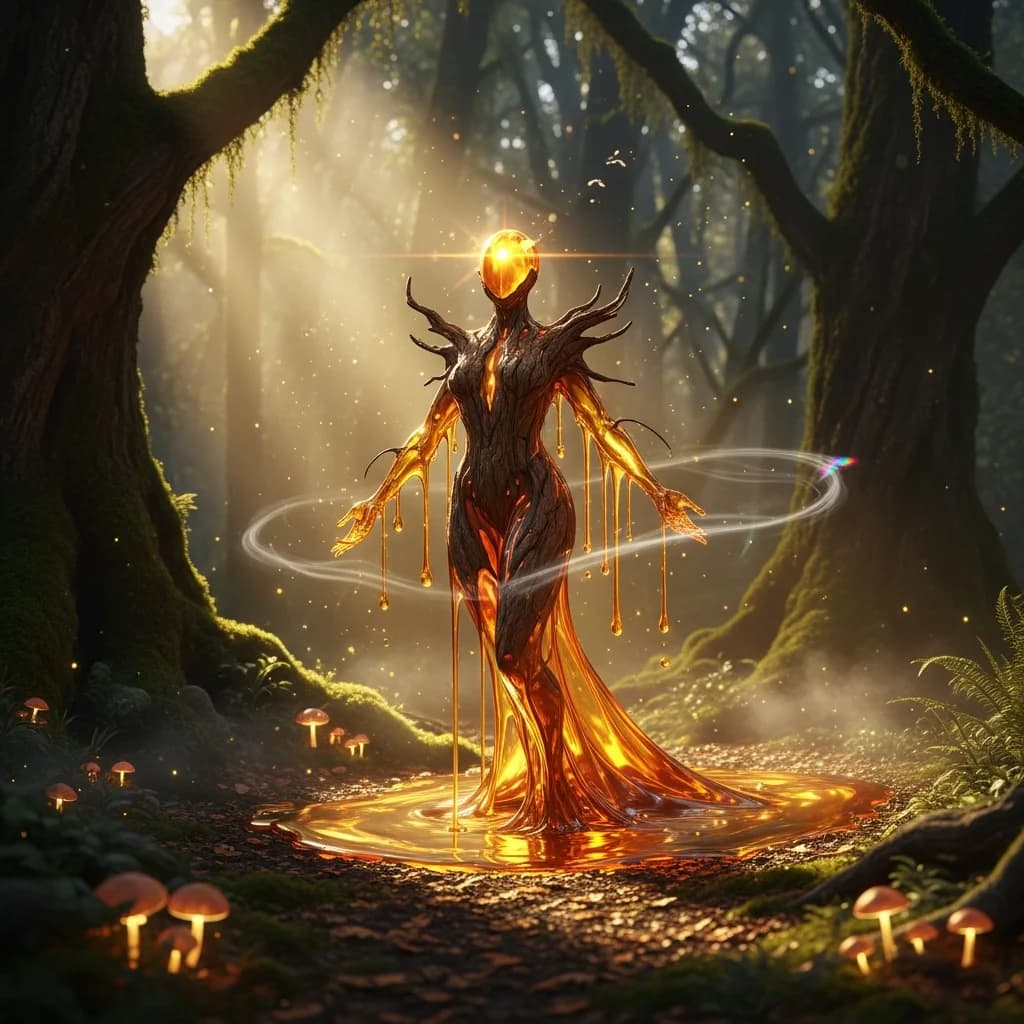 Mystischer Bernstein-Waldgeist im Nebel