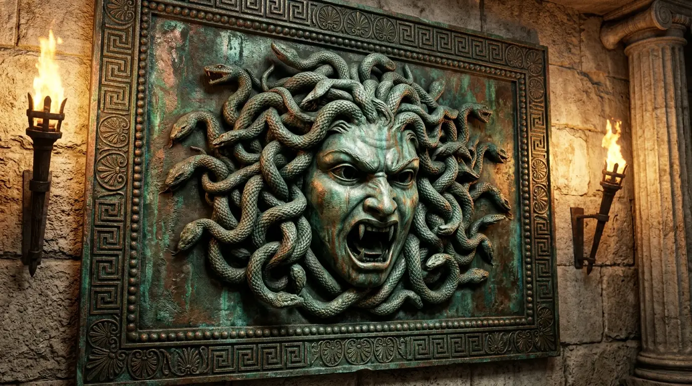 Antikes Gorgonen-Wandrelief in Bronze