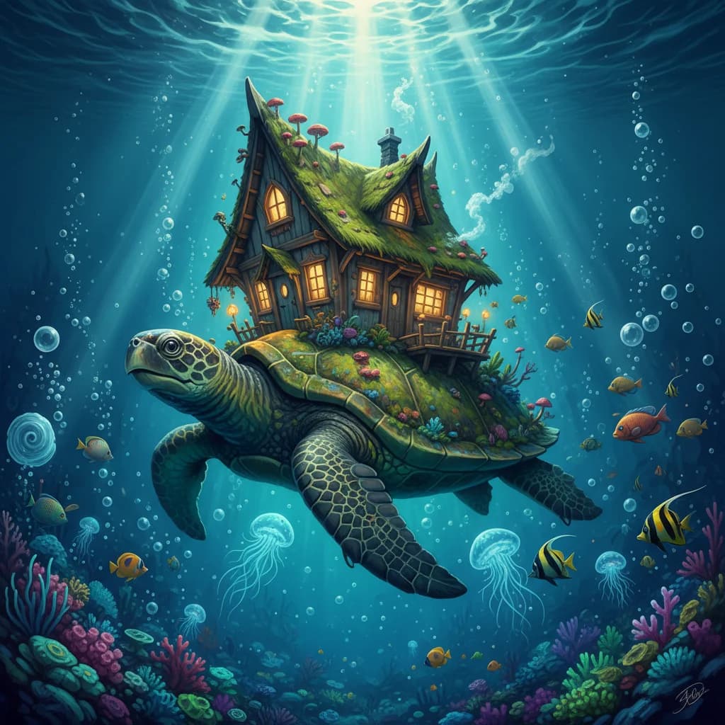 Schiefes Haus auf Meeresschildkröte