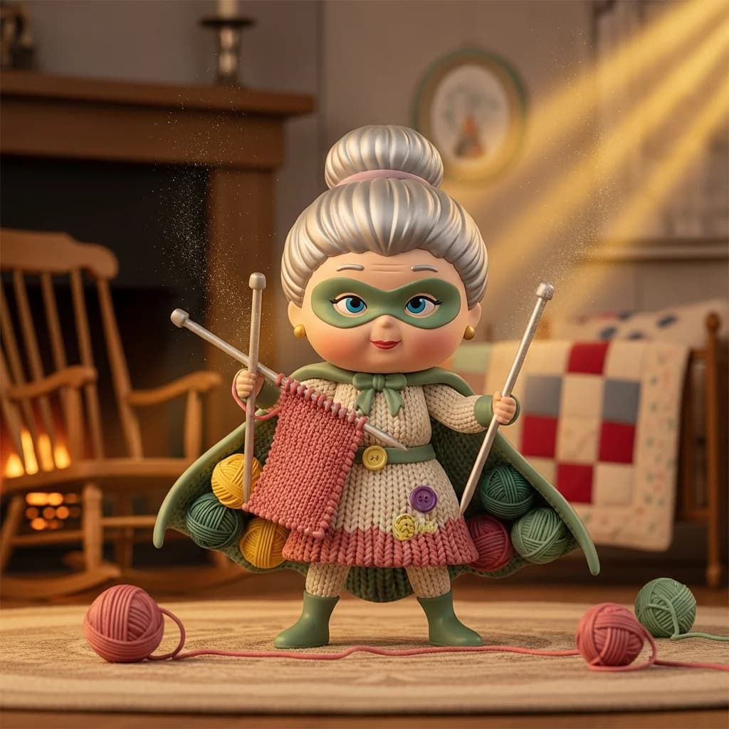 Vinyl-Oma als Strick-Superheldin