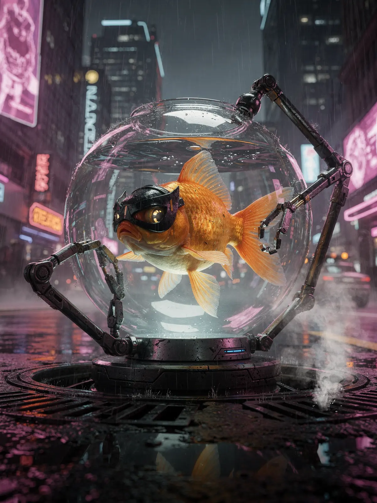 Cyberpunk Goldfisch-Superschurke mit Roboterarmen