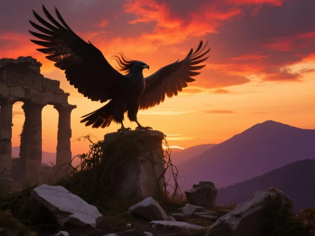 Harpyie über Ruinenlandschaft im Abendlicht