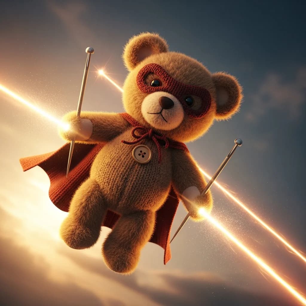 Superhelden-Teddy mit Stricknadel-Lasern