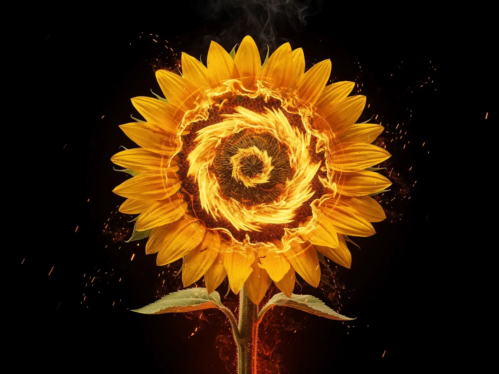 Brennende Sonnenblume mit Feuerrad-Kern