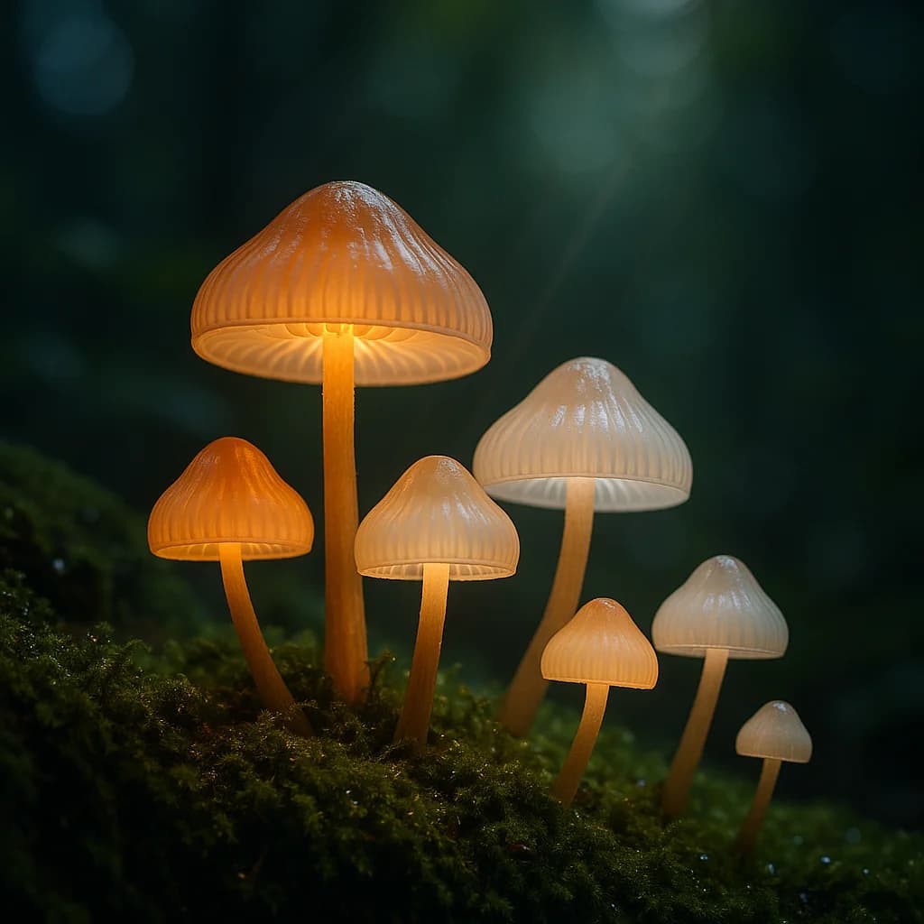 Leuchtende Porzellan-Pilze im Moos