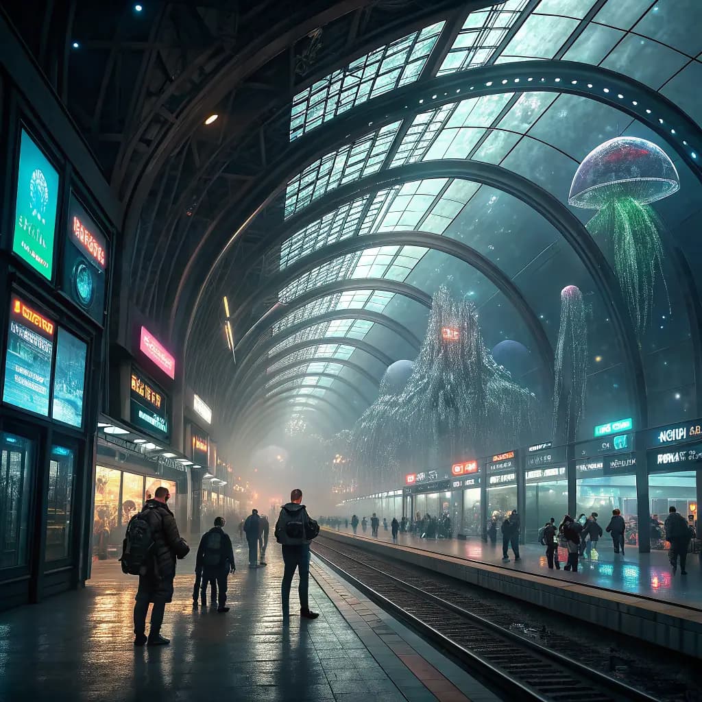 Intergalaktischer Bahnhof mit Aliens