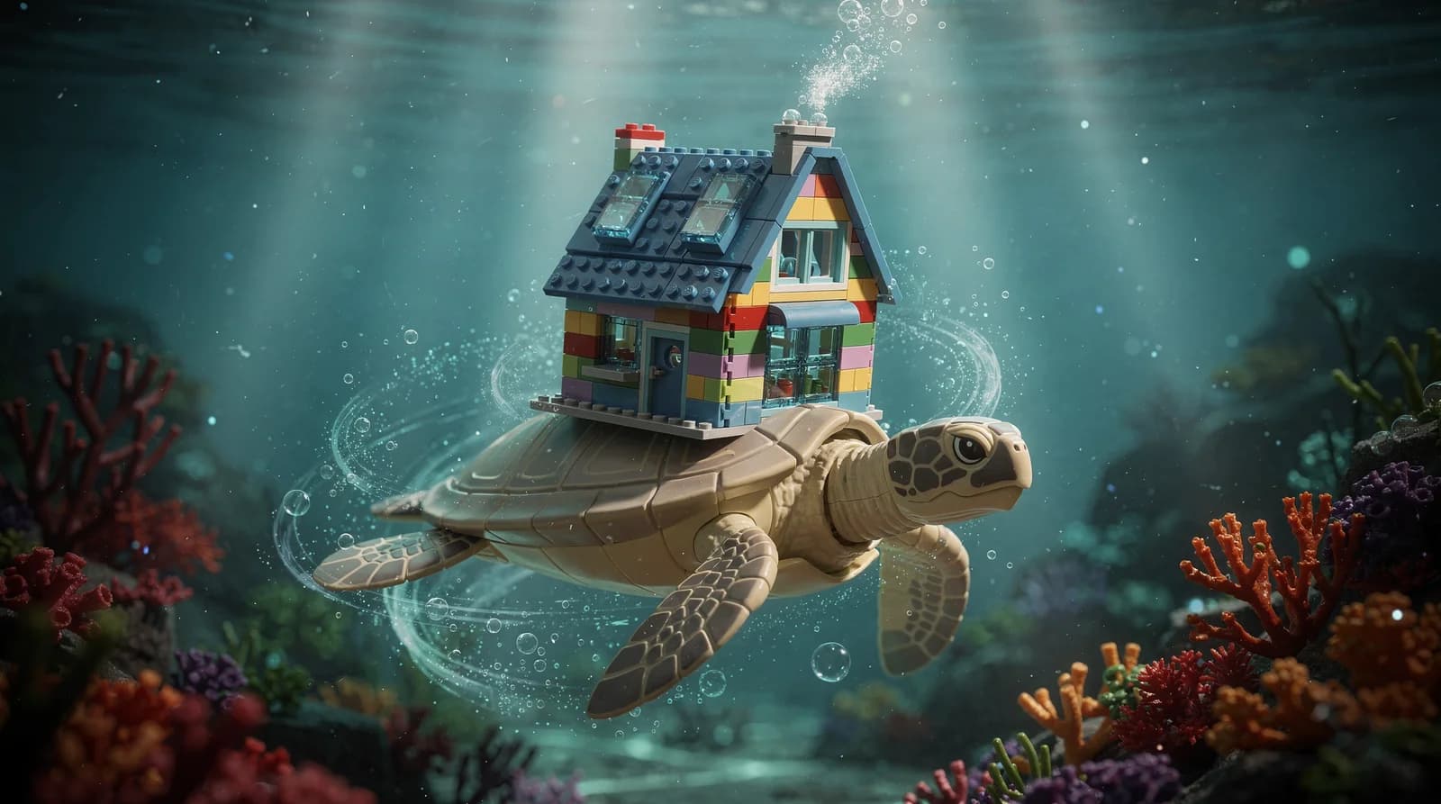 Unterwasser LEGO-Haus auf Schildkröte