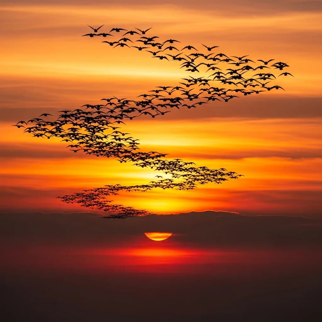 Drohnen-Schwarm im Abendrot
