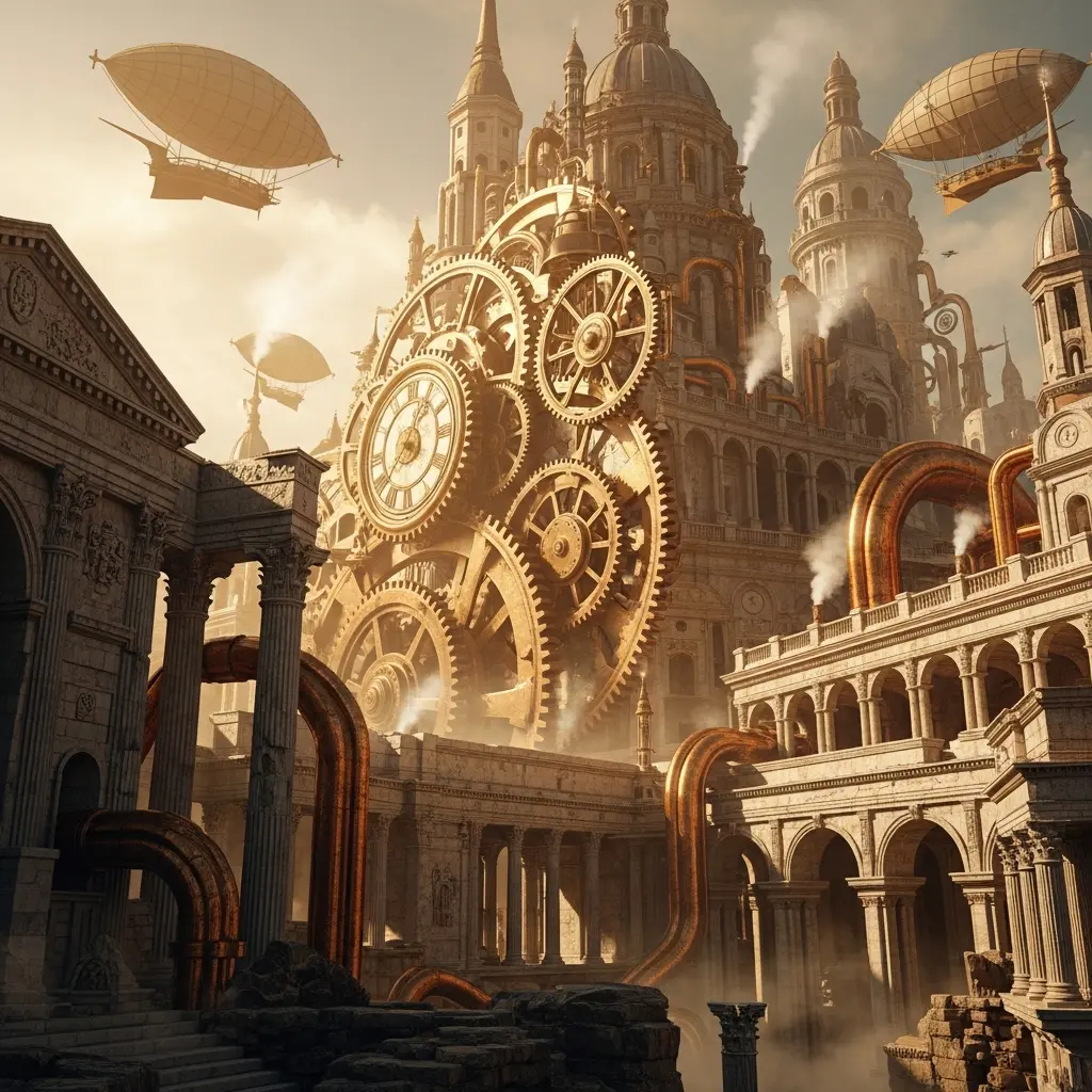 Steampunk-Metropole über antiken Ruinen