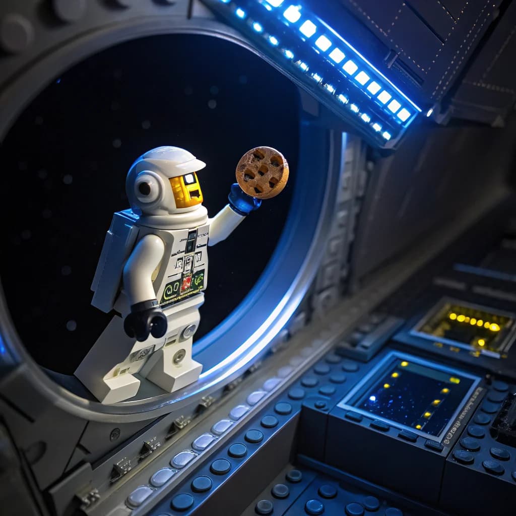 Lego-Astronautin fängt schwebenden Keks