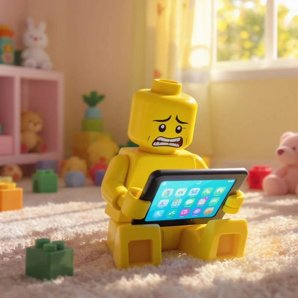 Verzweifelte Lego-Minifigur mit Tablet