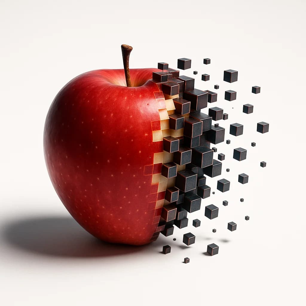 Zerfallender Voxel-Apfel in Glitch-Ästhetik