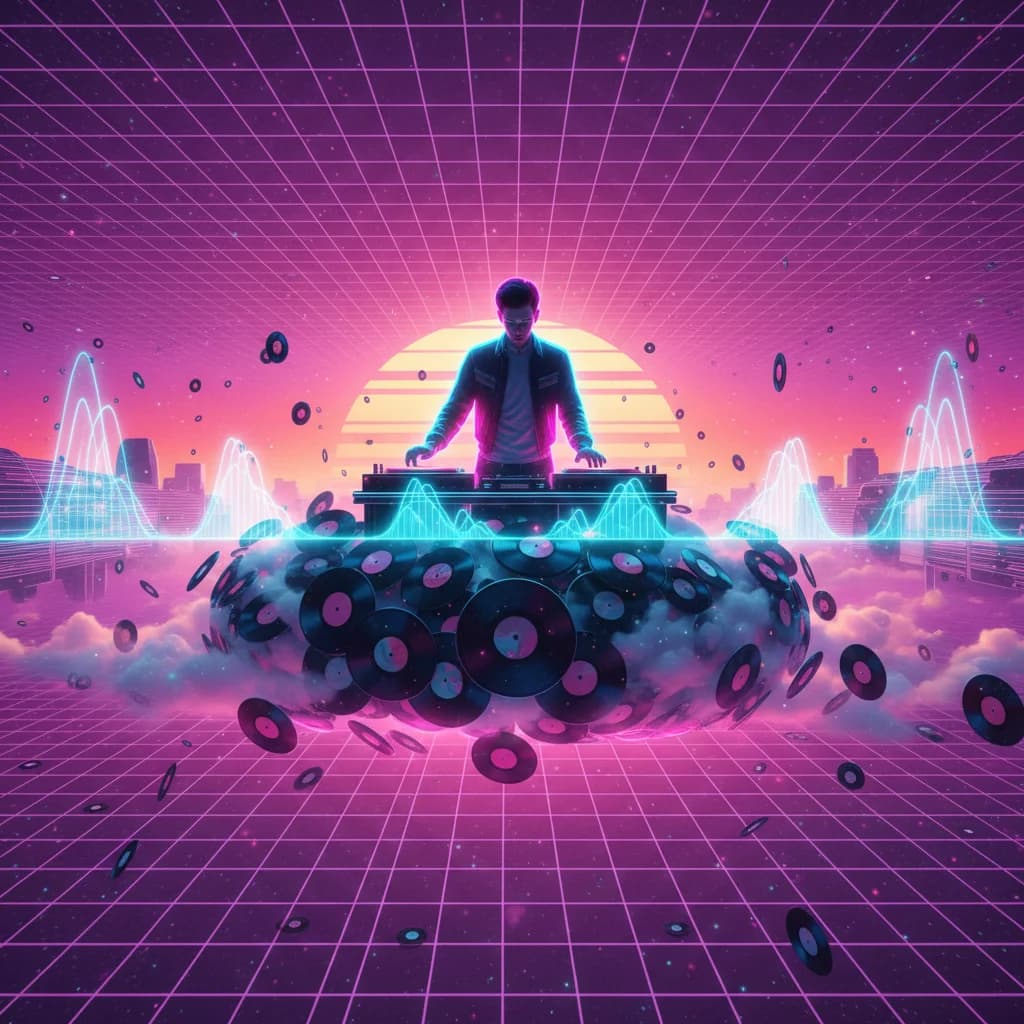 DJ auf schwebender Schallplatten-Wolke