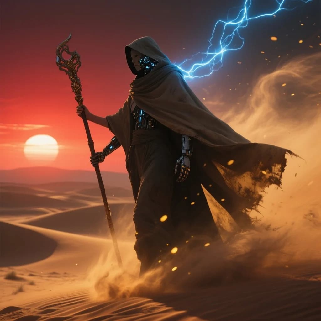 Kybernetischer Nomade in der Wüstendämmerung