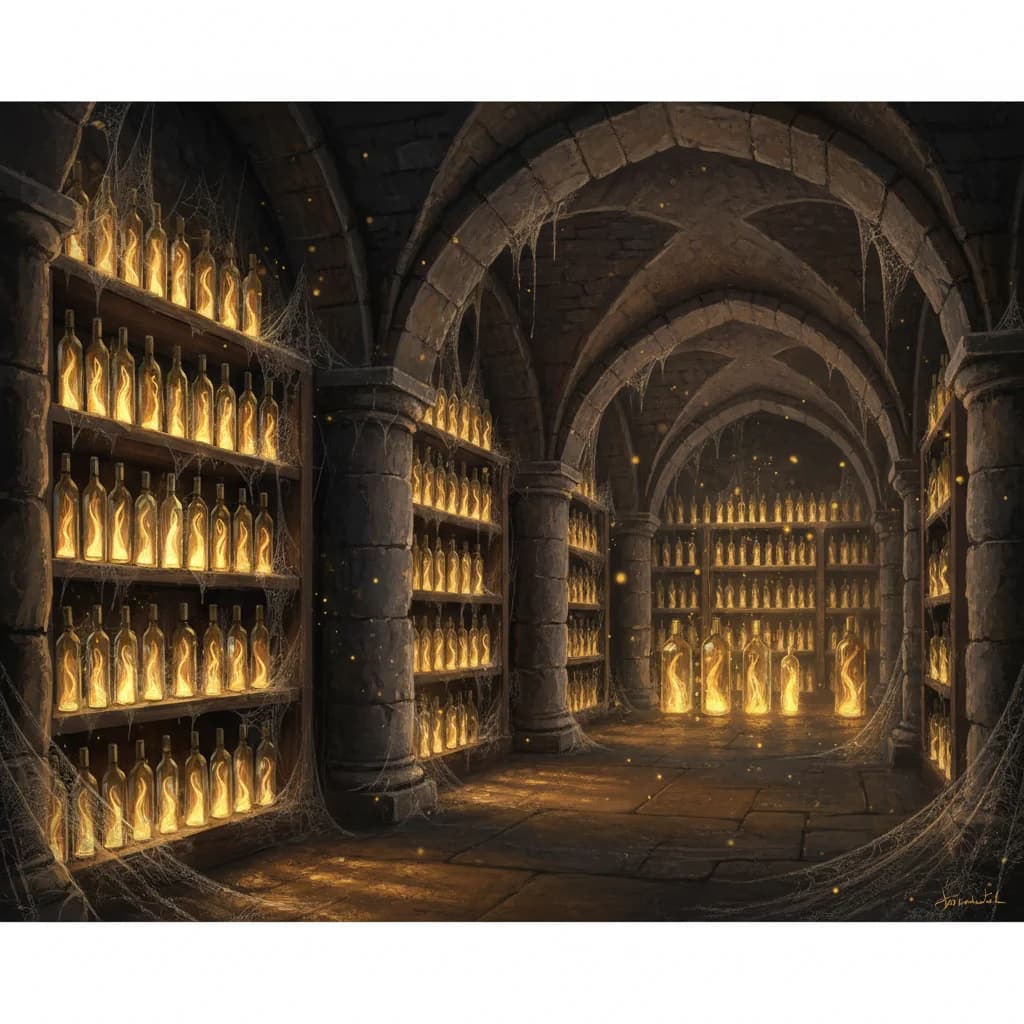 Magischer Weinkeller mit leuchtendem Wein