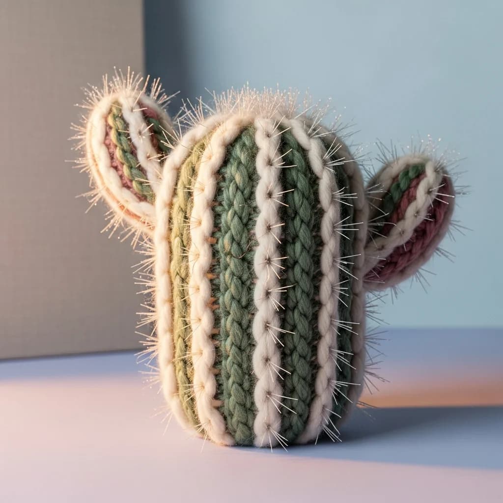 Textiler Kaktus aus Zwirn und Wolle