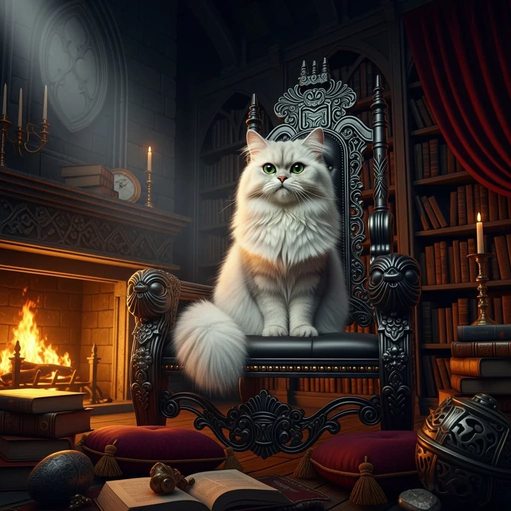 Perserkatze als böses Genie auf Thron