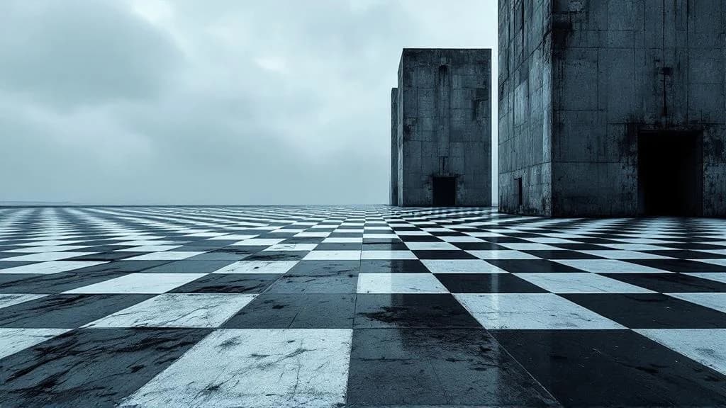 Surreale Schachbrett-Bunker-Landschaft