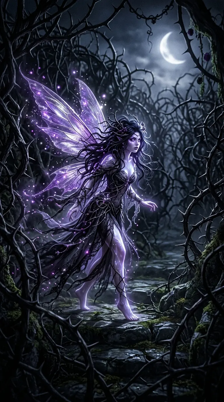 Dunkle Fee im Dornengeflecht