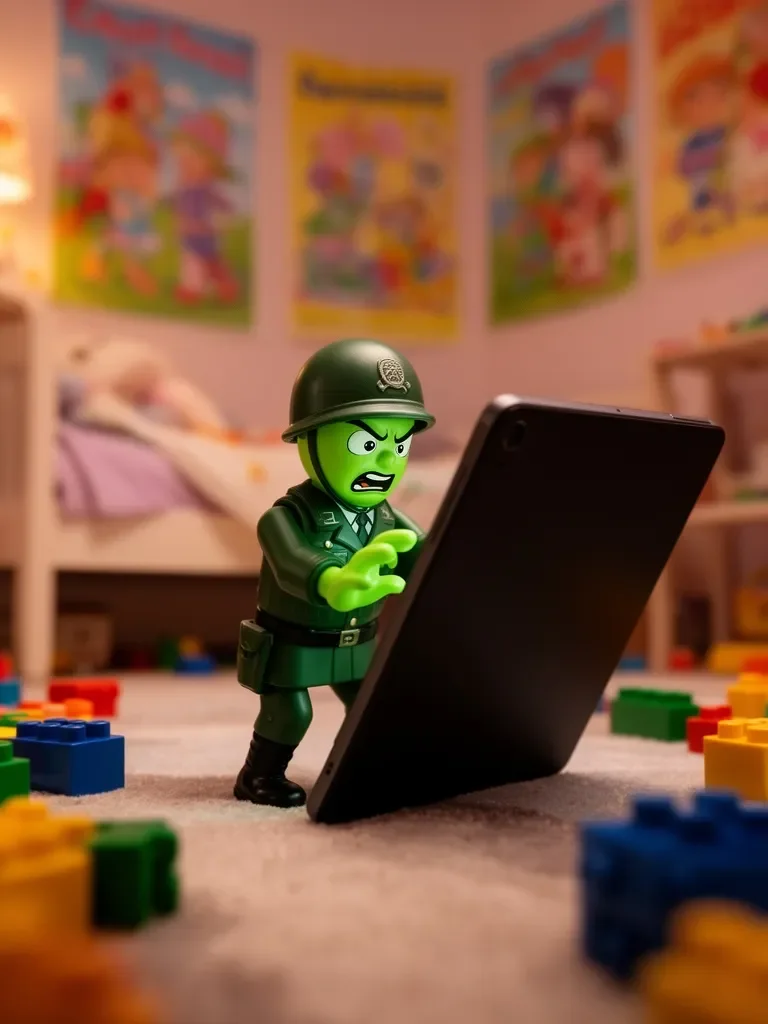 Verzweifelter Plastiksoldat am Tablet