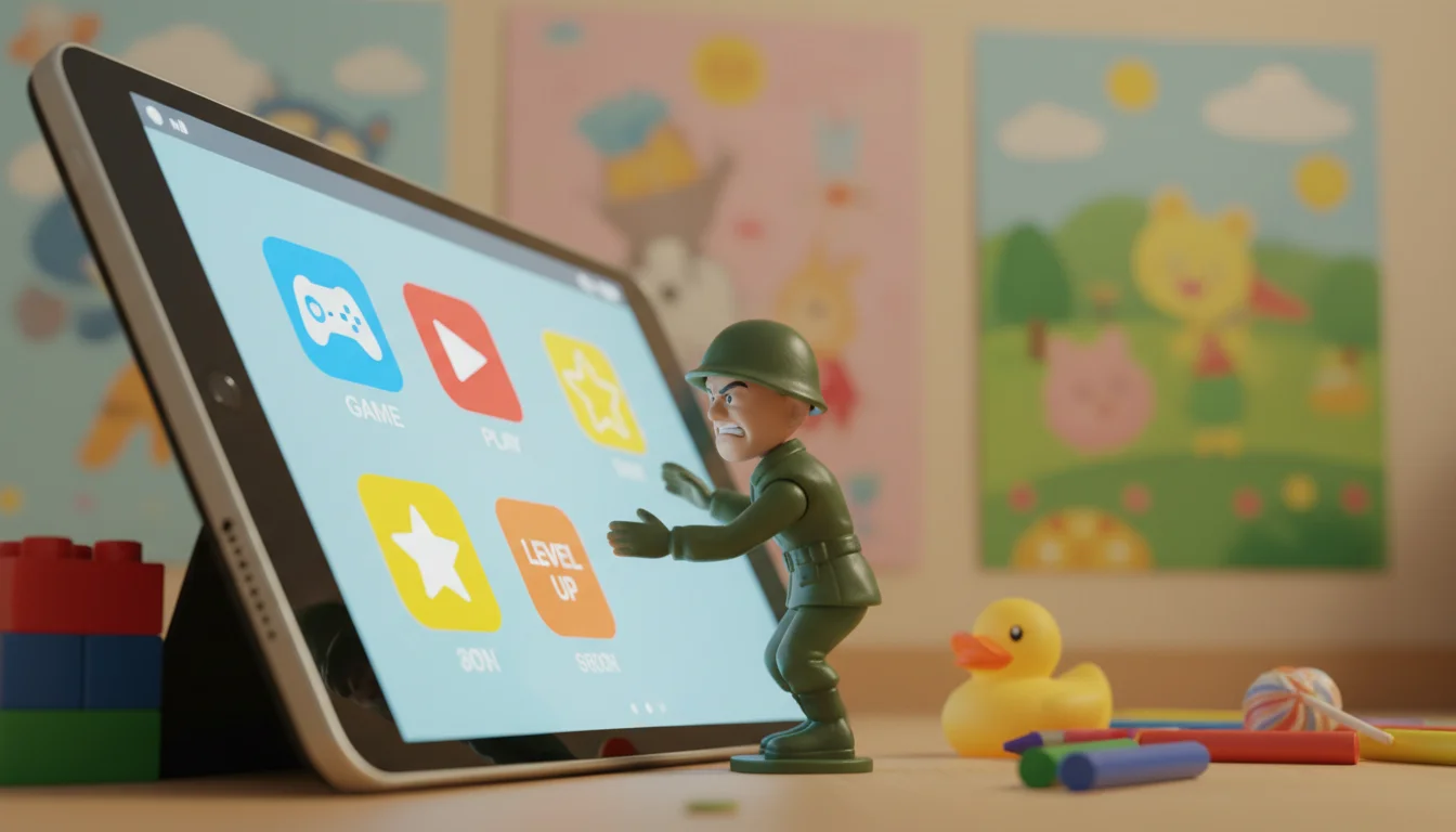 Verzweifelter Plastiksoldat am Tablet