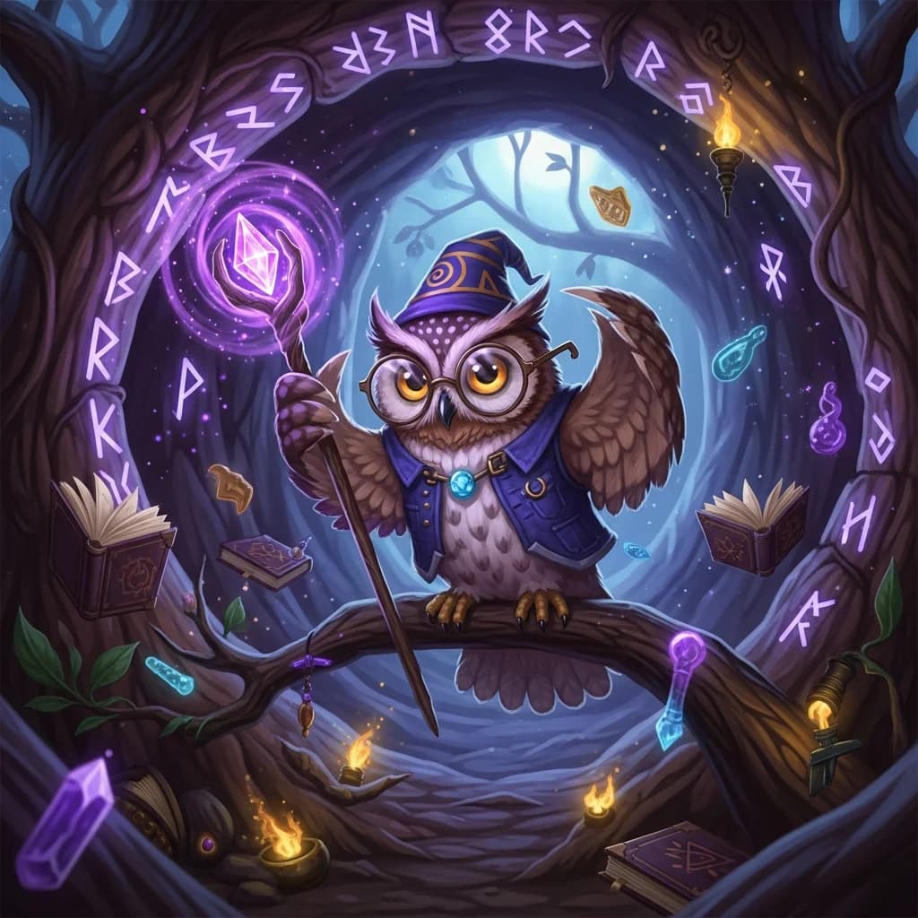 Tollpatschige Eulen-Zauberin im Mondschein