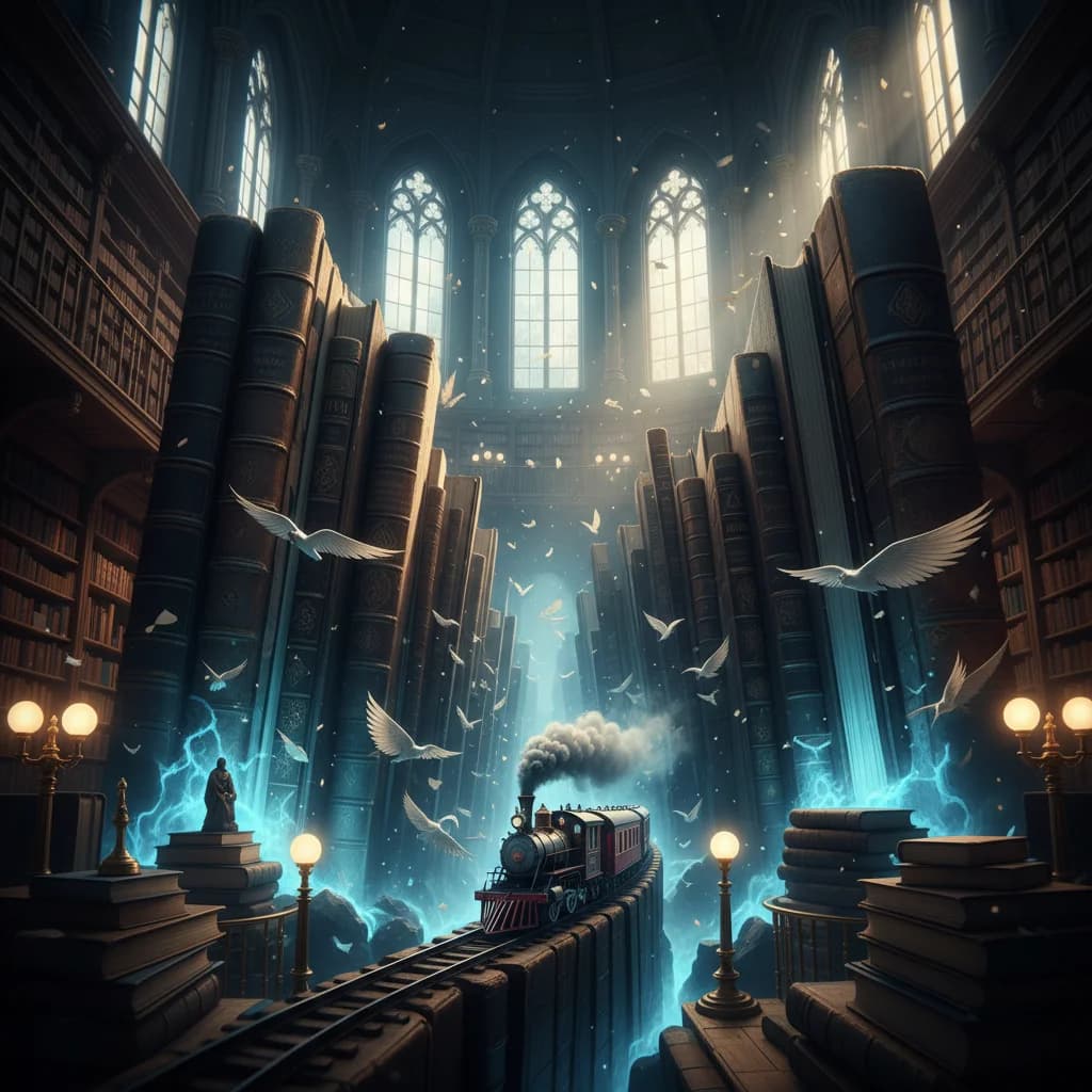 Magische Bücherschlucht mit Modelleisenbahn