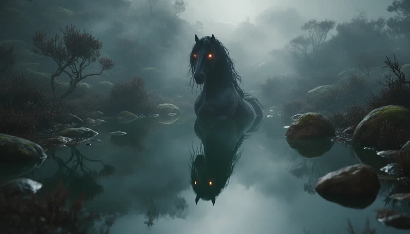 Mystisches Kelpie im nebligen Moor