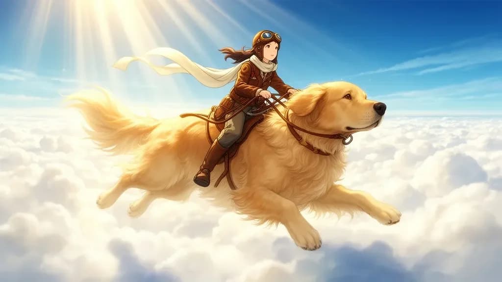 Pilotin auf fliegendem Hund über Wolken