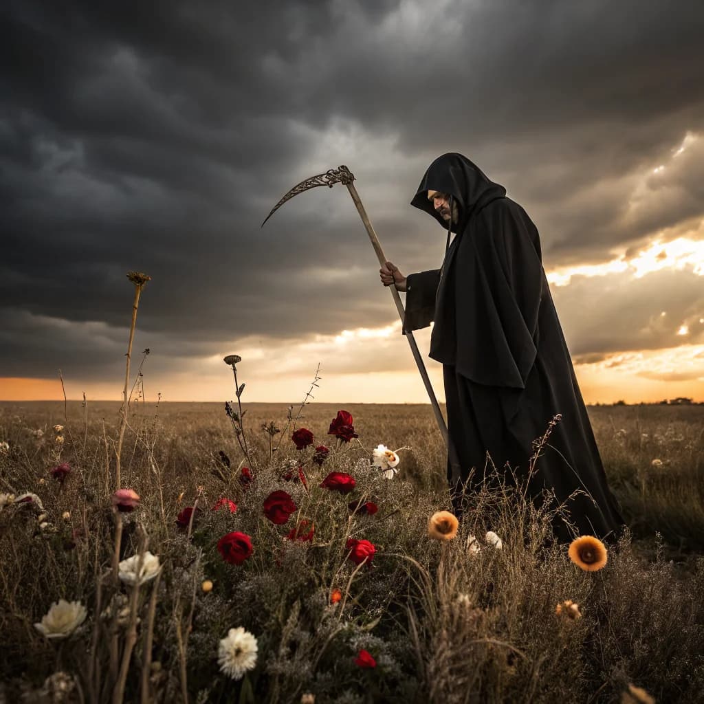 Sensenmann im verwelkenden Blumenmeer