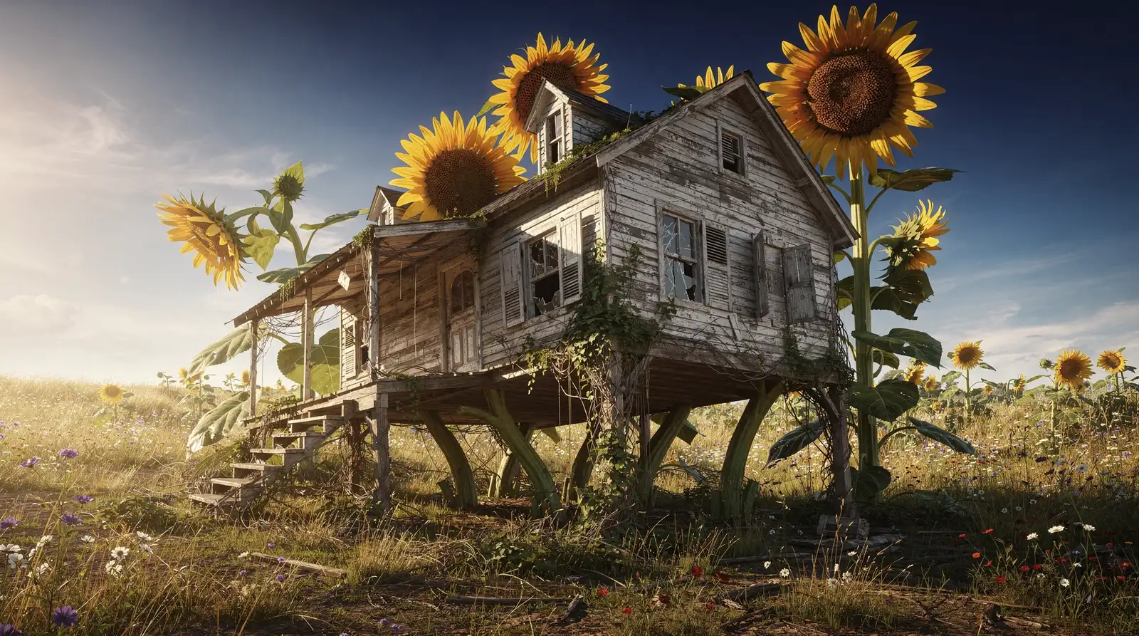 Sonnenblumen stützen schiefes Sommerhaus