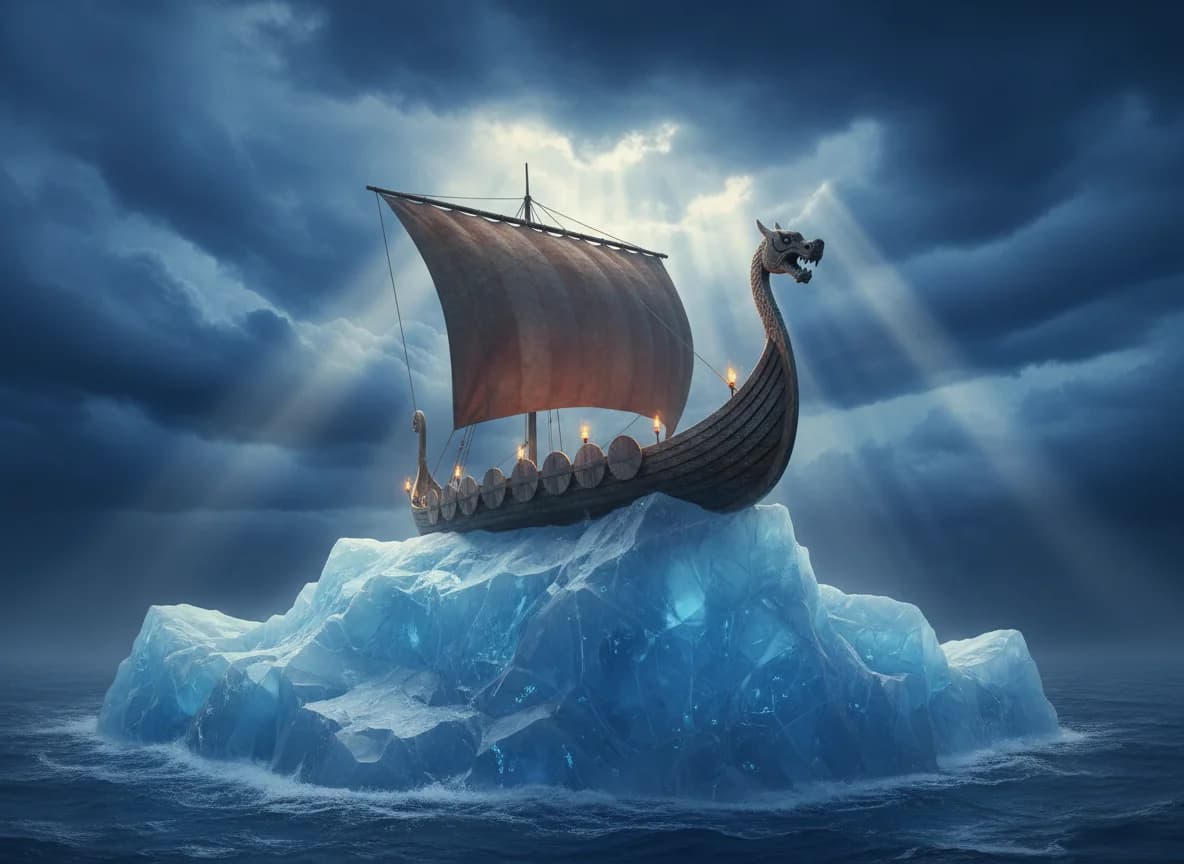 Fliegender Eisberg mit Wikinger-Langschiff