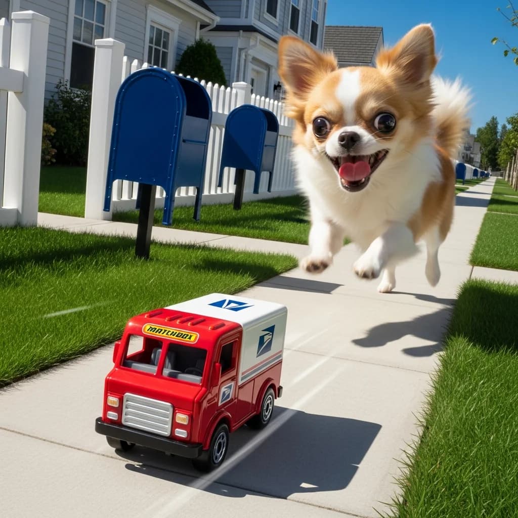 Chihuahua jagt winziges Postauto