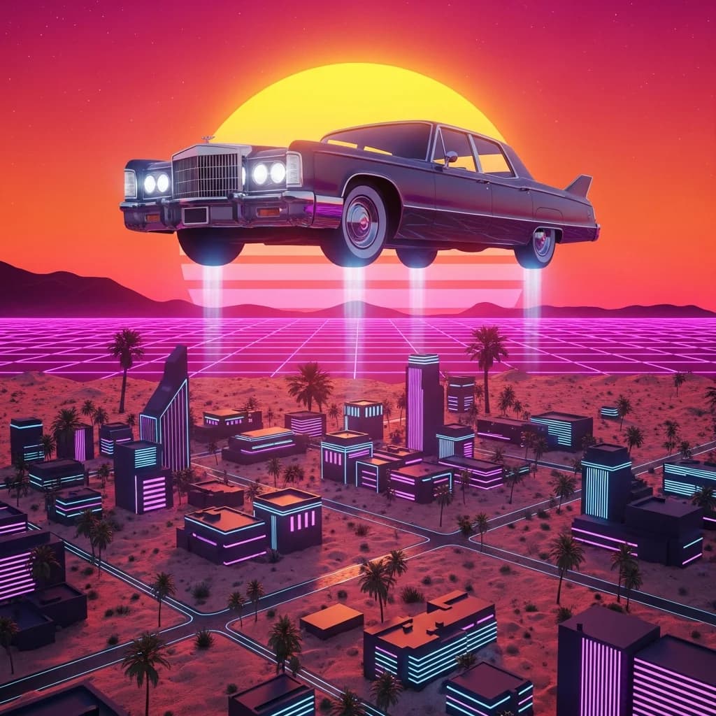 Schwebender Retro-Cruiser über Wüstenstadt