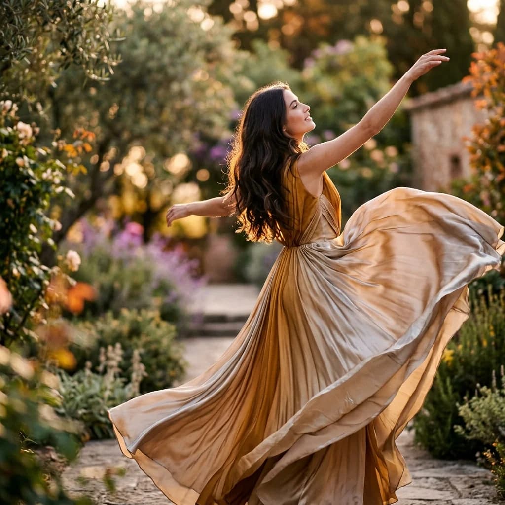 Elegante Frau im windigen Garten