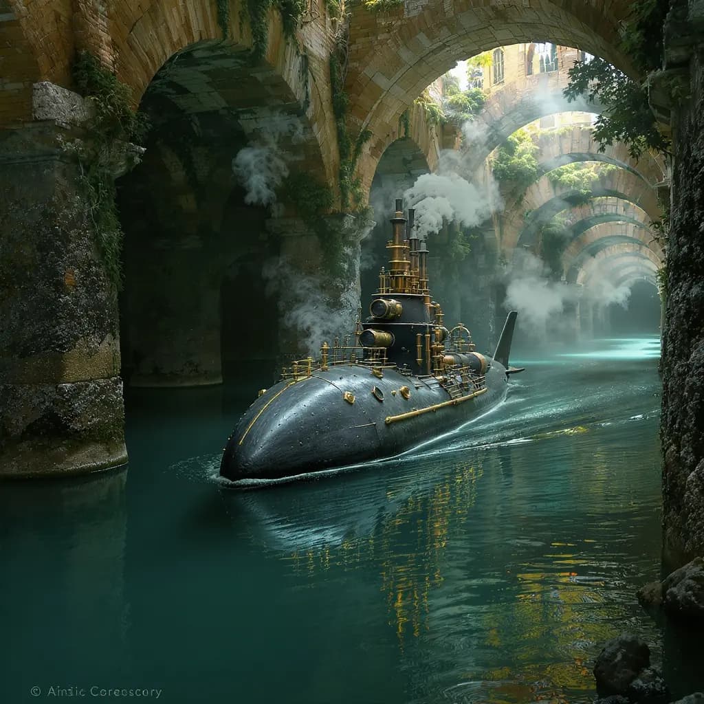 Steampunk-U-Boot in antikem Aquädukt
