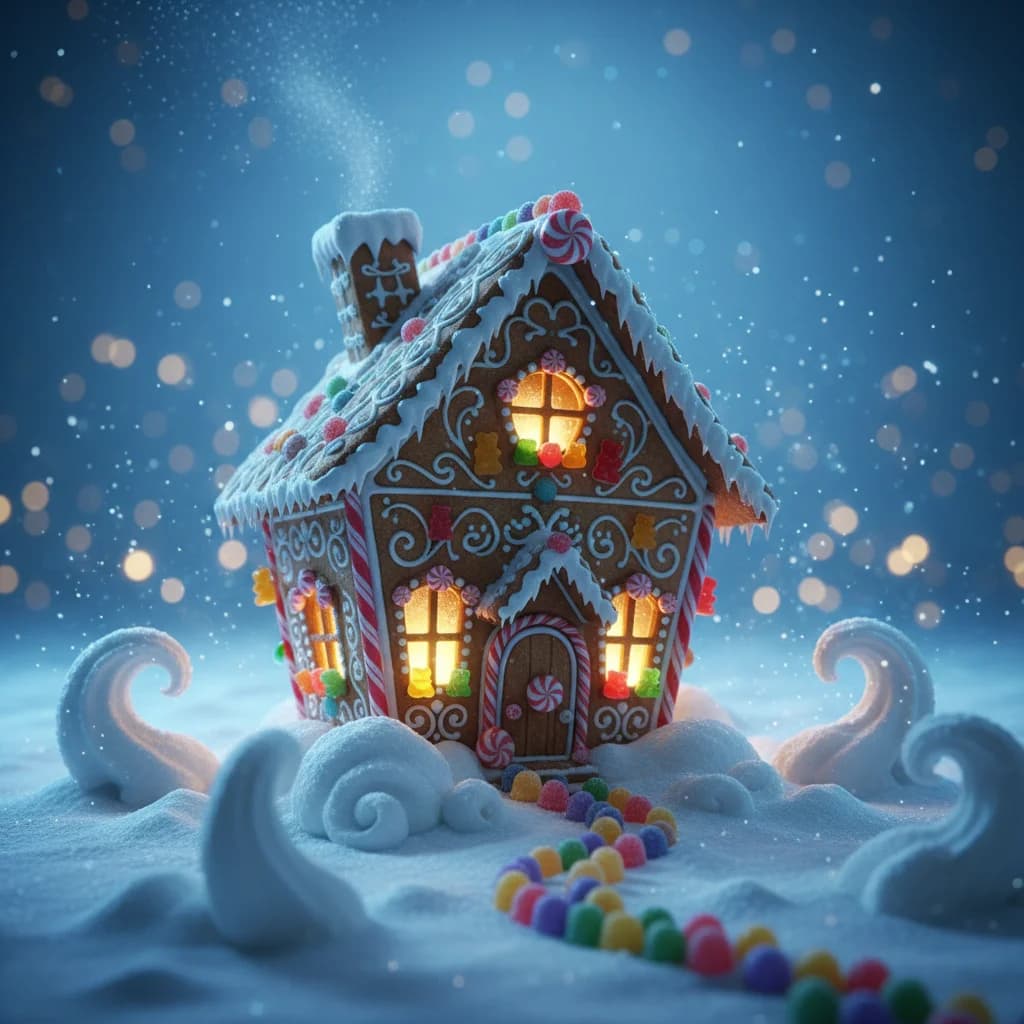 Schiefes Lebkuchen-Puppenhaus im Mondschein