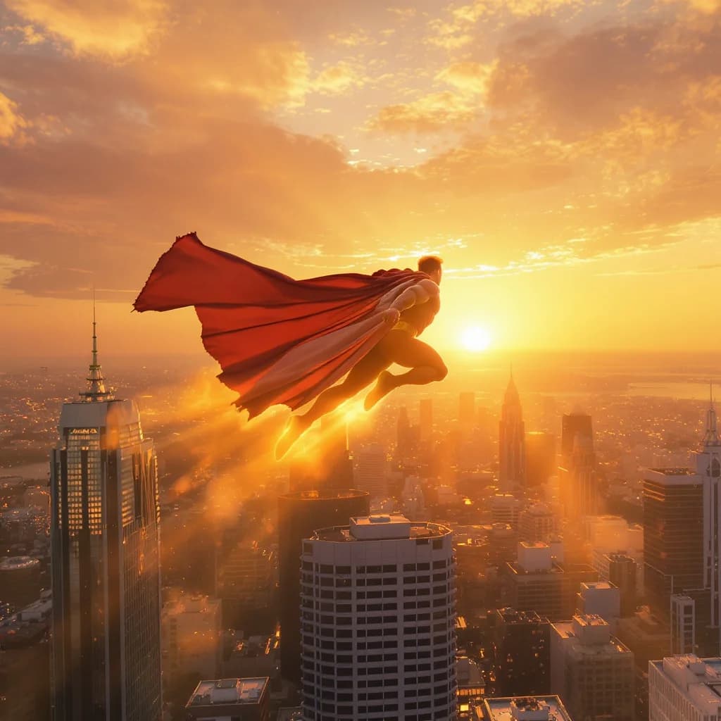 Superheld im Morgenglanz über der Stadt