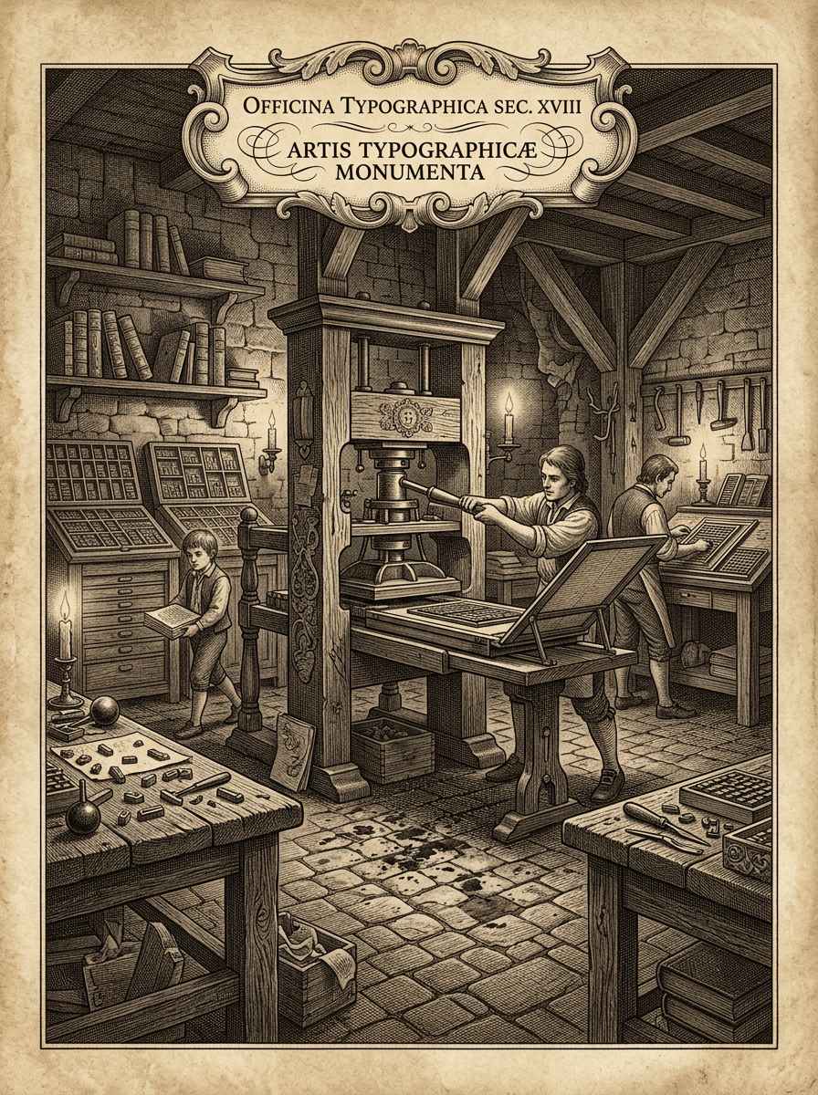 Historische Buchdruckerwerkstatt im Kupferstich-Stil