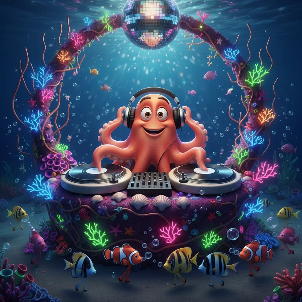 DJ Oktopus im Neon-Korallenriff