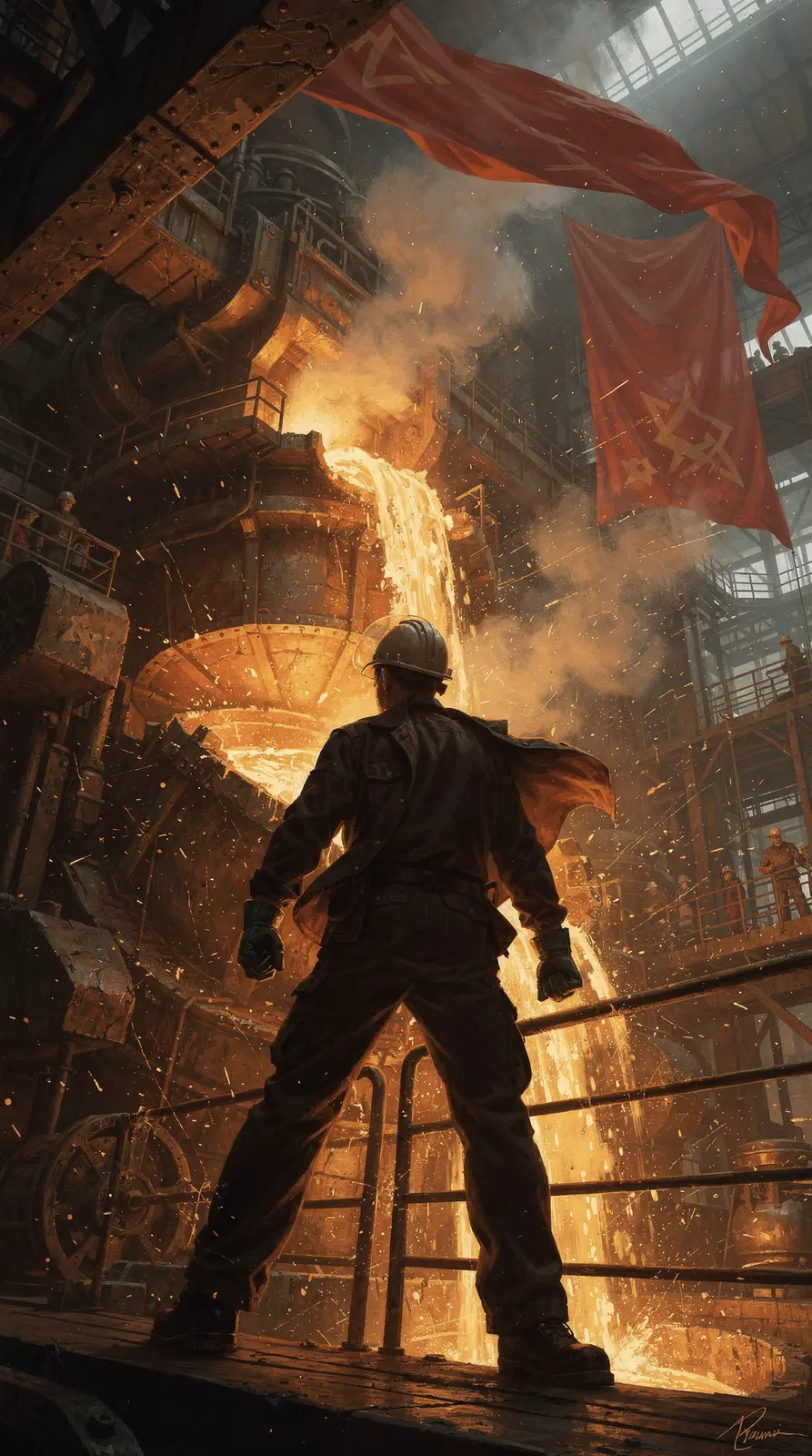 Stahlarbeiter vor glühendem Hochofen